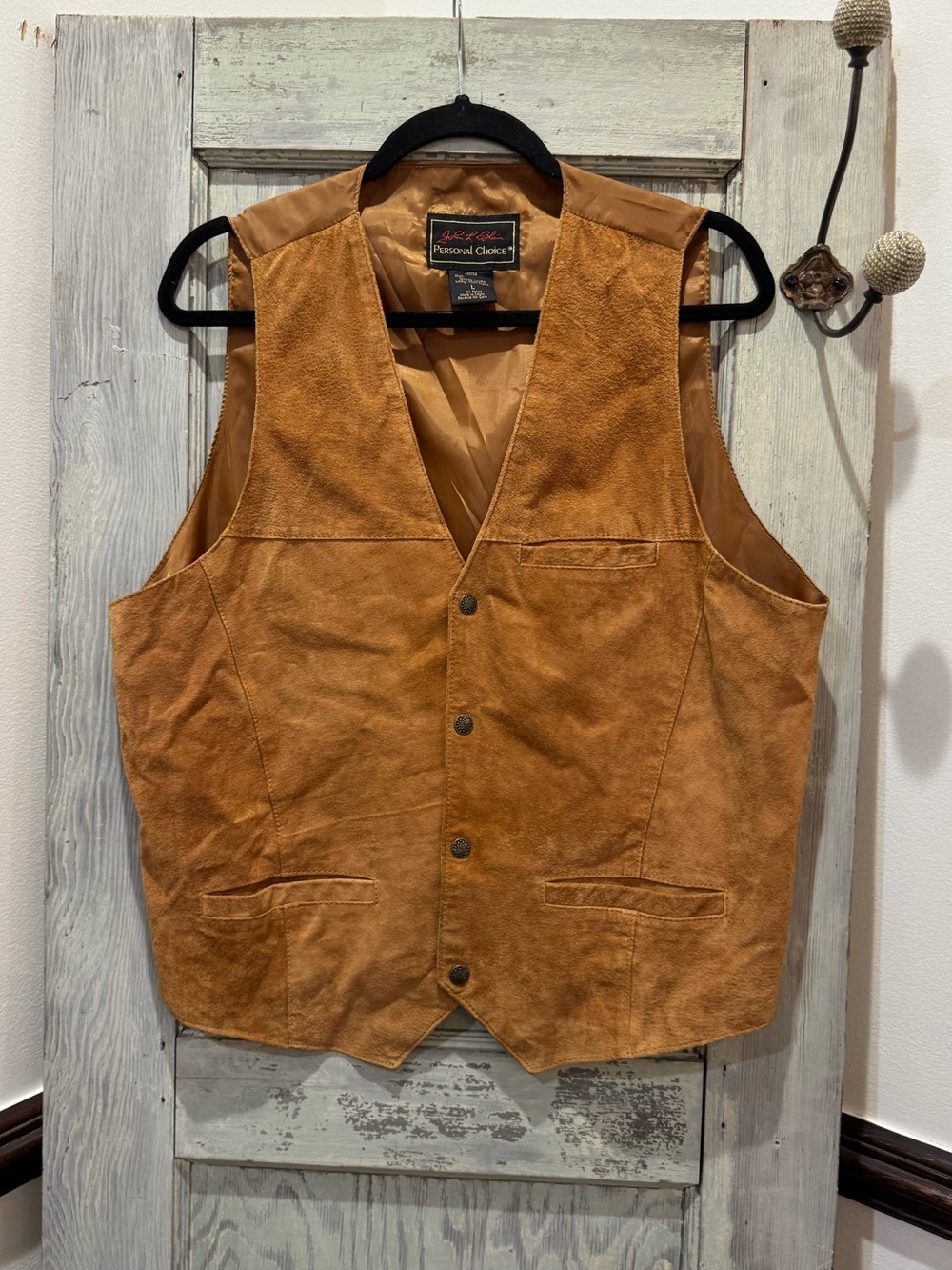 John L. Blair L Tan Leather Vest Suede Button Front Western Cowboy Americana